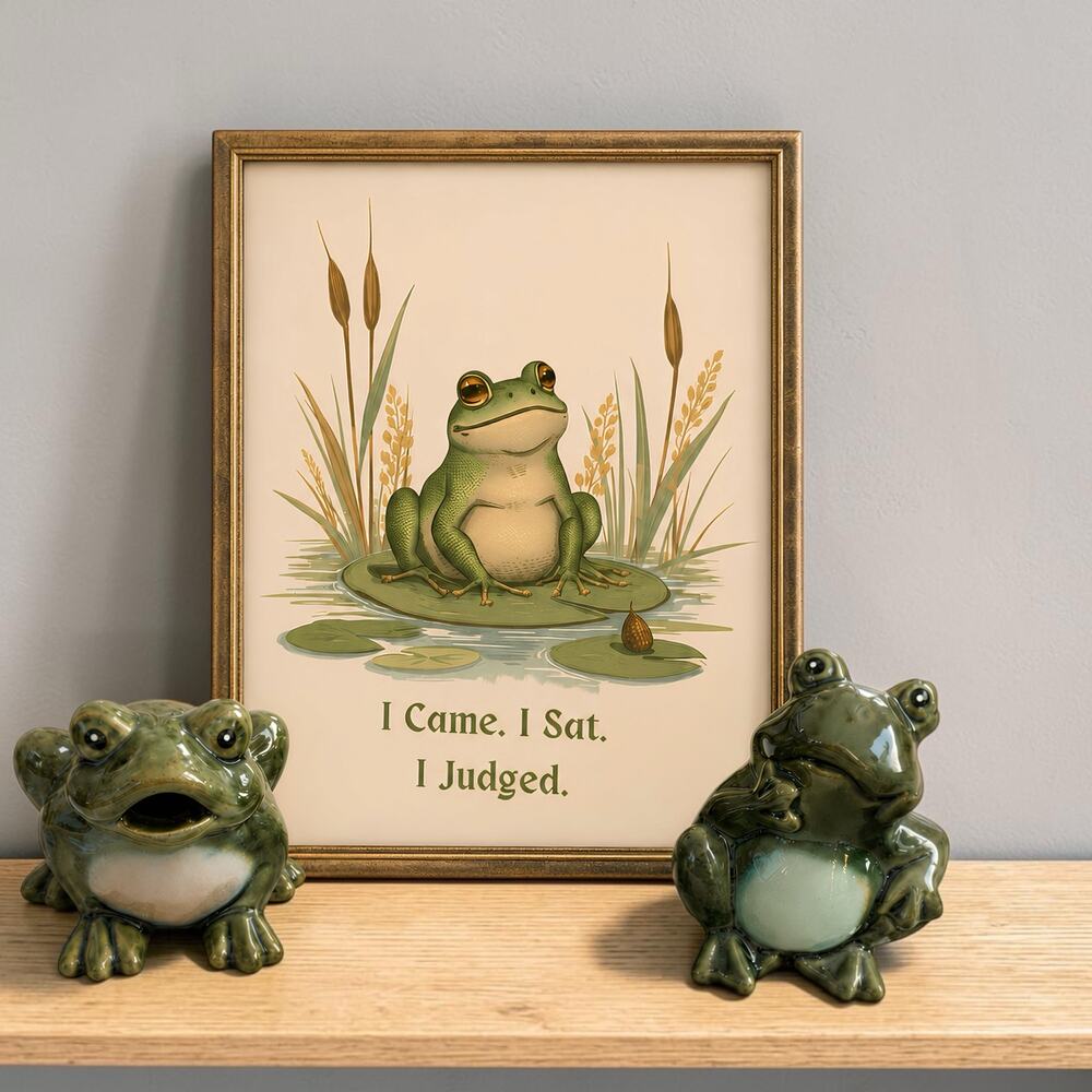 Vintage Frog Decor Lot, 2 Glazed Ceramic Frog Figurines + Framed Funny Frog